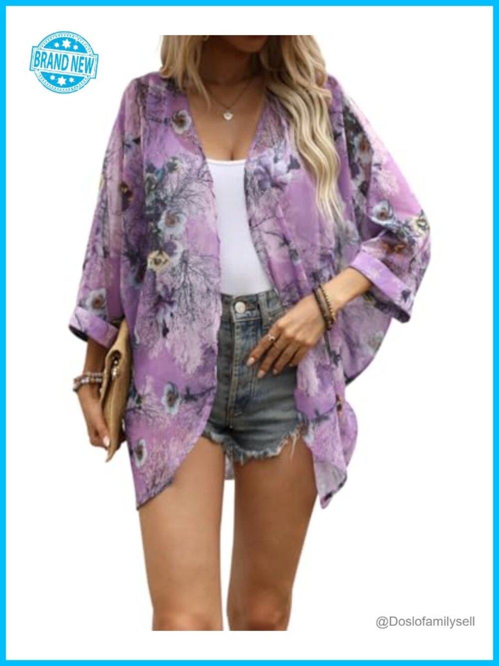 Sheer Chiffon Floral Print Kimono Cardigan 3/4 Sleeve Loose Fit Beach Coverup
